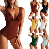 Γυναικεία μαγιό με βολάν με λαιμόκοψη με ραβδώσεις επιφανειακή γραβάτα ιμάντες πλάτης αμάνικο μαγιό Ολόσωμο Monokini Outfits παραλίας
