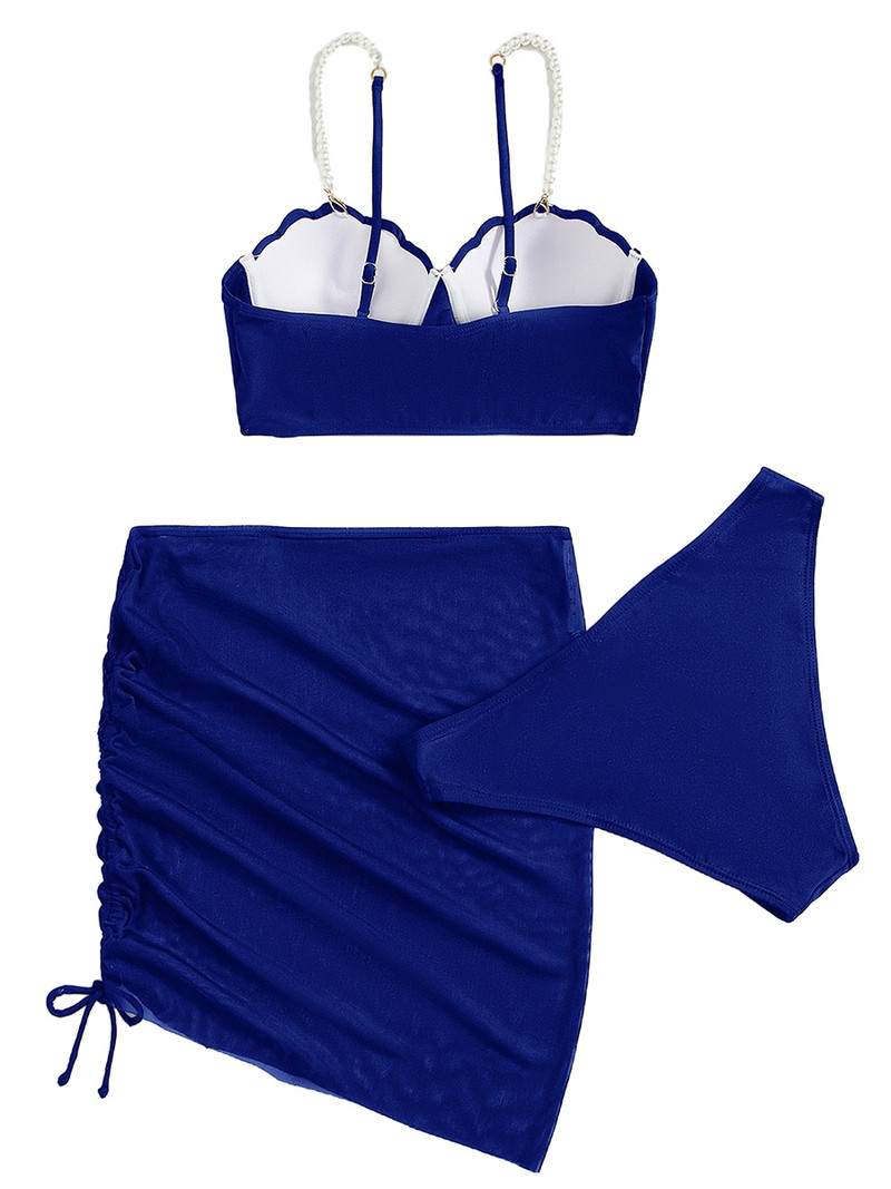 Naiste 3 tk bikiinikomplekt, ühevärviline pärlrinnahoidja, pükste ja nööriga miniseelik, naiste ujumiskostüümid, 2023. aasta suve ujumistrikoo