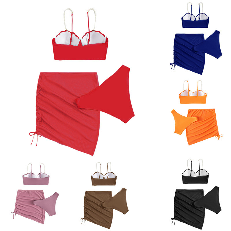 Naiste 3 tk bikiinikomplekt, ühevärviline pärlrinnahoidja, pükste ja nööriga miniseelik, naiste ujumiskostüümid, 2023. aasta suve ujumistrikoo