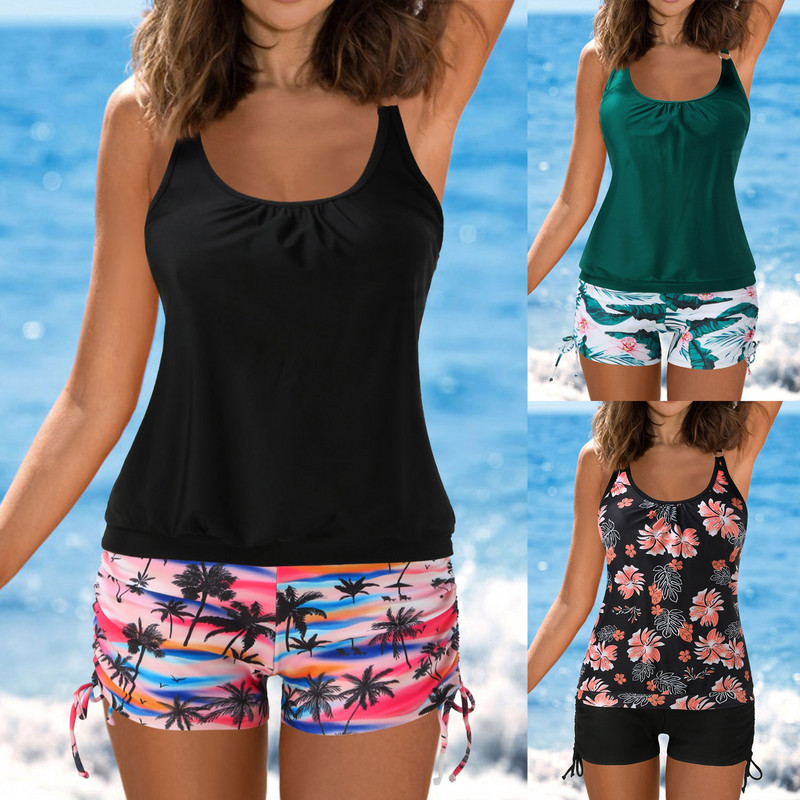 Moteriški maudymosi kostiumėliai su šortais Dirželiniai maudymosi kostiumėliai Dviejų dalių maudymosi kostiumėliai žalsvai mėlyni maudymosi kostiumėliai moterims, moteriški plaukimo šortai