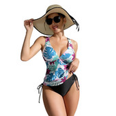 Ženski seksi dvodijelni kupaći kostim u bikiniju s cvjetnim uzorkom, bez rukava, dubokog V izreza, tanka majica bez rukava s jednobojnim gaćicama, komplet kupaćih kostima