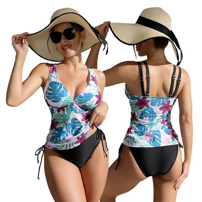 Ženski seksi dvodijelni kupaći kostim u bikiniju s cvjetnim uzorkom, bez rukava, dubokog V izreza, tanka majica bez rukava s jednobojnim gaćicama, komplet kupaćih kostima