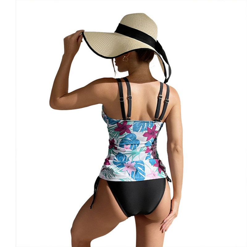 Ženski seksi dvodijelni kupaći kostim u bikiniju s cvjetnim uzorkom, bez rukava, dubokog V izreza, tanka majica bez rukava s jednobojnim gaćicama, komplet kupaćih kostima