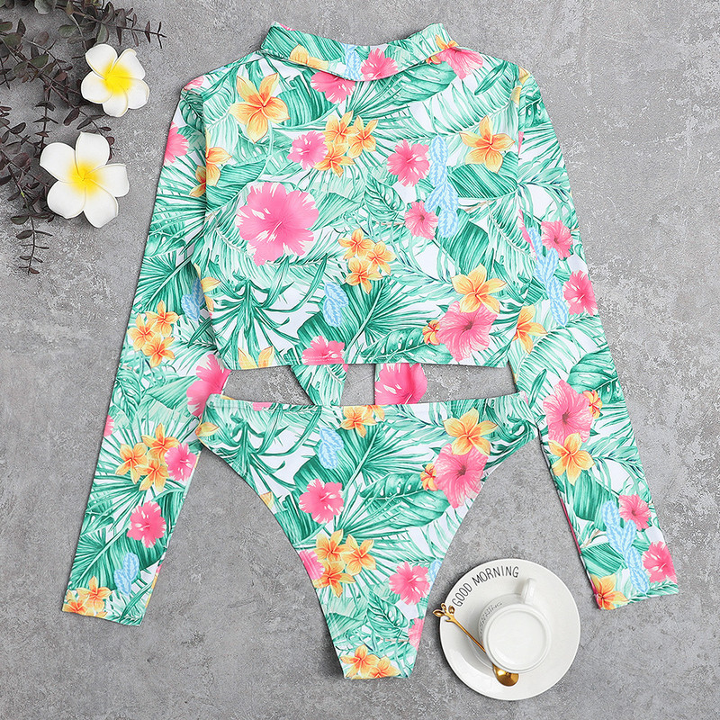 Zaļo lapu apdruka 2020. gada seksīgi sieviešu bikini ar garām piedurknēm peldkostīmi, peldkostīmi, pludmales apģērbi Brazīlijas bikini komplekts sieviešu bikini