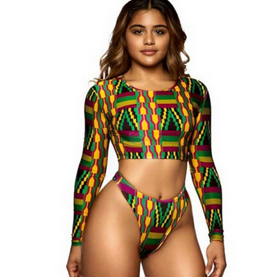 Apdrukāts HIGH WAISTED bikini ar garām piedurknēm Āfrikas peldkostīms ar augstu jostasvietu siksnu bikini ar augstu jostasvietu peldkostīms seksīgs bodijs