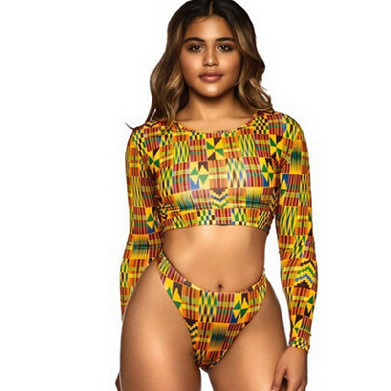 Trükitud HIGH WAISTED bikiinid pikkade varrukatega Aafrika kõrge vöökohaga ujumistrikoo stringid bikiinid mustriga kõrge vöökohaga ujumisriided seksikas body