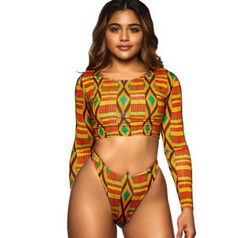Trükitud HIGH WAISTED bikiinid pikkade varrukatega Aafrika kõrge vöökohaga ujumistrikoo stringid bikiinid mustriga kõrge vöökohaga ujumisriided seksikas body