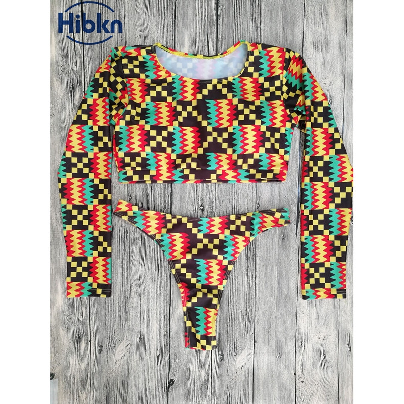 Trükitud HIGH WAISTED bikiinid pikkade varrukatega Aafrika kõrge vöökohaga ujumistrikoo stringid bikiinid mustriga kõrge vöökohaga ujumisriided seksikas body
