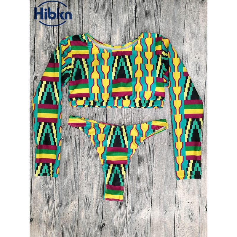 Trükitud HIGH WAISTED bikiinid pikkade varrukatega Aafrika kõrge vöökohaga ujumistrikoo stringid bikiinid mustriga kõrge vöökohaga ujumisriided seksikas body