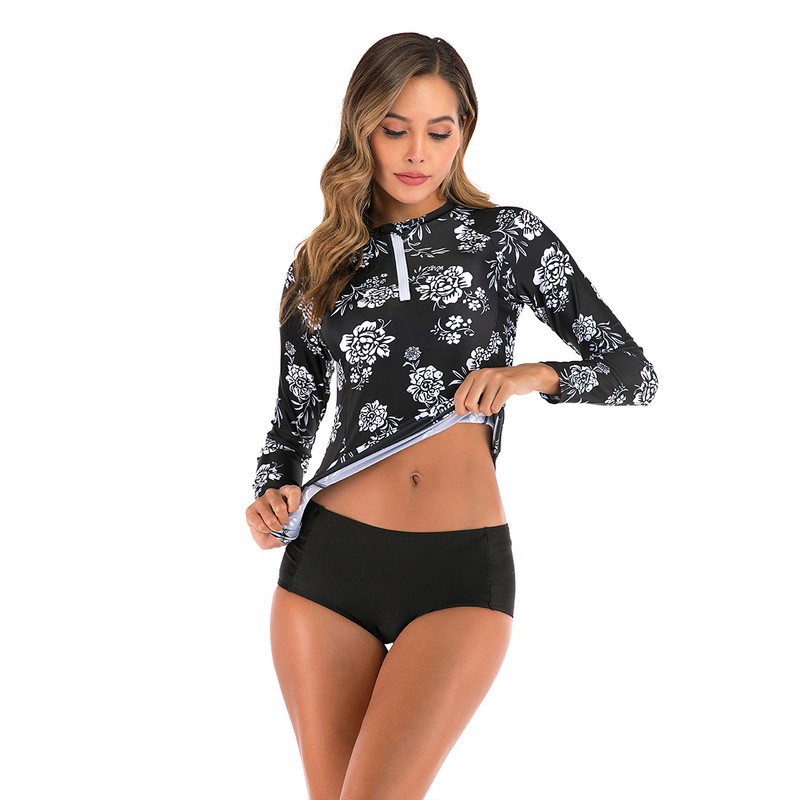 Costum de baie pentru femei cu mânecă lungă, două piese, cu fermoar în față, costum de baie, costum de baie, cu protecție UV UPF50+, îmbrăcăminte de plajă