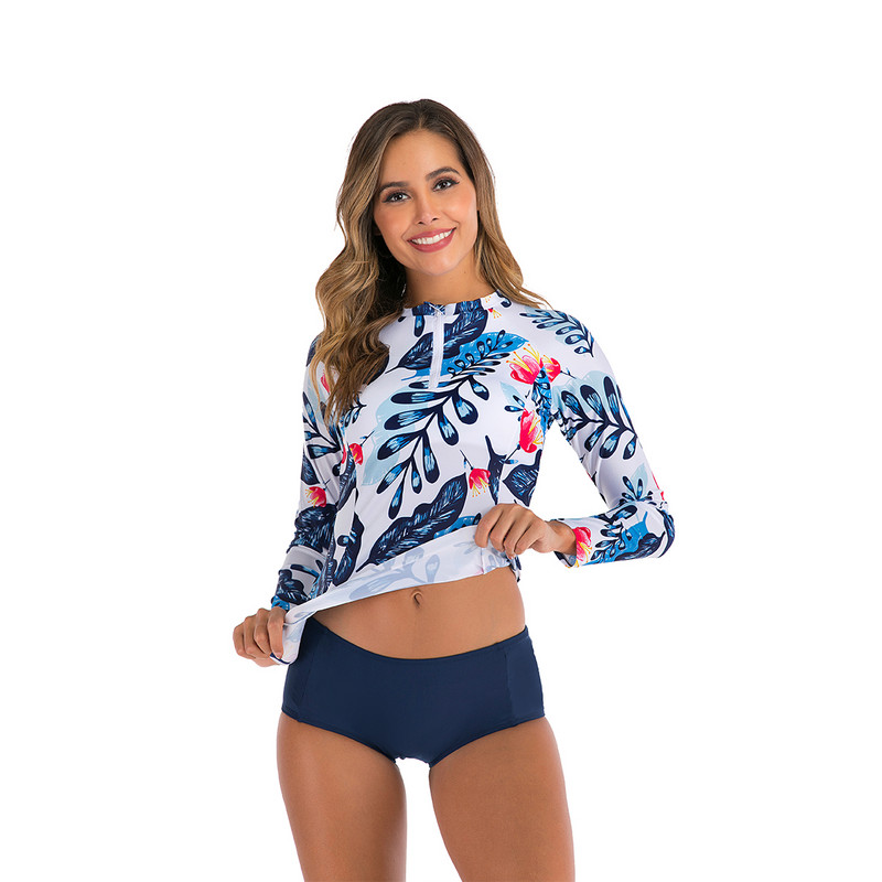 Costum de baie pentru femei cu mânecă lungă, două piese, cu fermoar în față, costum de baie, costum de baie, cu protecție UV UPF50+, îmbrăcăminte de plajă