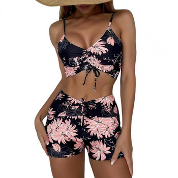 2 τμχ/Σετ Γυναικείο Σετ μπικίνι Flower Print Lady Summer Swimwear V λαιμόκοψη Ψηλόμεση κορδόνι ελαστικό μαγιό για παραλία