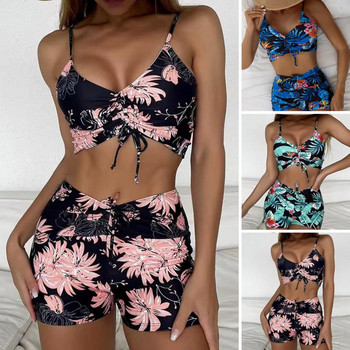 2 τμχ/Σετ Γυναικείο Σετ μπικίνι Flower Print Lady Summer Swimwear V λαιμόκοψη Ψηλόμεση κορδόνι ελαστικό μαγιό για παραλία