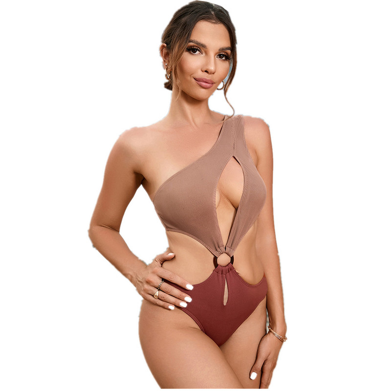 K 2023 New Fashion Beach Bikini Costume de baie pentru femei Sexy dintr-o singură piesă Costum de baie cu un umăr Costum de baie subțire Set de patchwork de culoare solidă