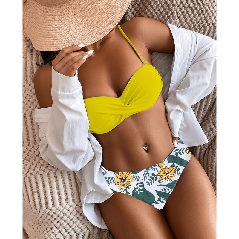 2023 Costum de baie cu imprimeu frunze pentru femei Set de bikini cu talie joasă căptușit