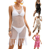 Naiste suvise kattekihiga ühevärviline heegeldatud varrukateta U-kaelusega tutiäärega mini lühike läbipaistev väljalõikega kleit