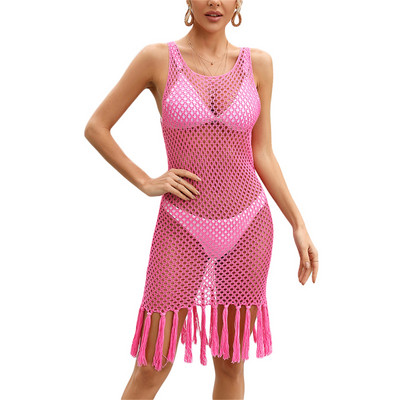 Naiste suvise kattekihiga ühevärviline heegeldatud varrukateta U-kaelusega tutiäärega mini lühike läbipaistev väljalõikega kleit