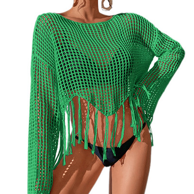 Caurspīdīgi izliekti bikini pārsegi, topi Sieviešu pludmales apģērbs ar garām piedurknēm, pušķis, apgriezti topi, peldkostīmu pārklāji