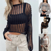 Γυναικείες πλεκτές μπλούζες με κούφιο ύφος Σέξι διαφανές μακρύ μανίκι με στρογγυλό λαιμό φαρδιά μπλουζάκια πουλόβερ