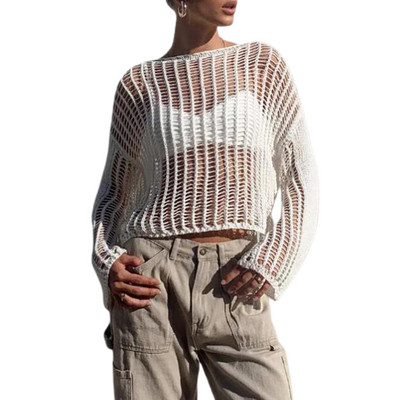 Γυναικείες πλεκτές μπλούζες με κούφιο ύφος Σέξι διαφανές μακρύ μανίκι με στρογγυλό λαιμό φαρδιά μπλουζάκια πουλόβερ