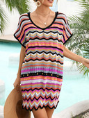 Naiste ujumisülikond Cover Up lühikeste varrukatega V-kaelusega värvilise triibuga prinditud avar lühike kootud kleit rannariided