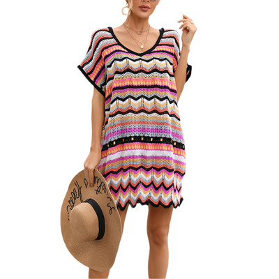 Naiste ujumisülikond Cover Up lühikeste varrukatega V-kaelusega värvilise triibuga prinditud avar lühike kootud kleit rannariided