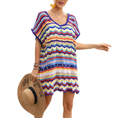 Naiste ujumisülikond Cover Up lühikeste varrukatega V-kaelusega värvilise triibuga prinditud avar lühike kootud kleit rannariided