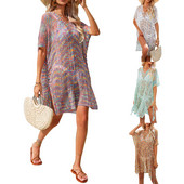 Sieviešu modes apdruka Bikini pārsegi Caurspīdīgi dobi ar īsām piedurknēm pludmales trikotāžas topi peldkostīmi sauļošanās blūze