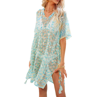 Sieviešu modes apdruka Bikini pārsegi Caurspīdīgi dobi ar īsām piedurknēm pludmales trikotāžas topi peldkostīmi sauļošanās blūze