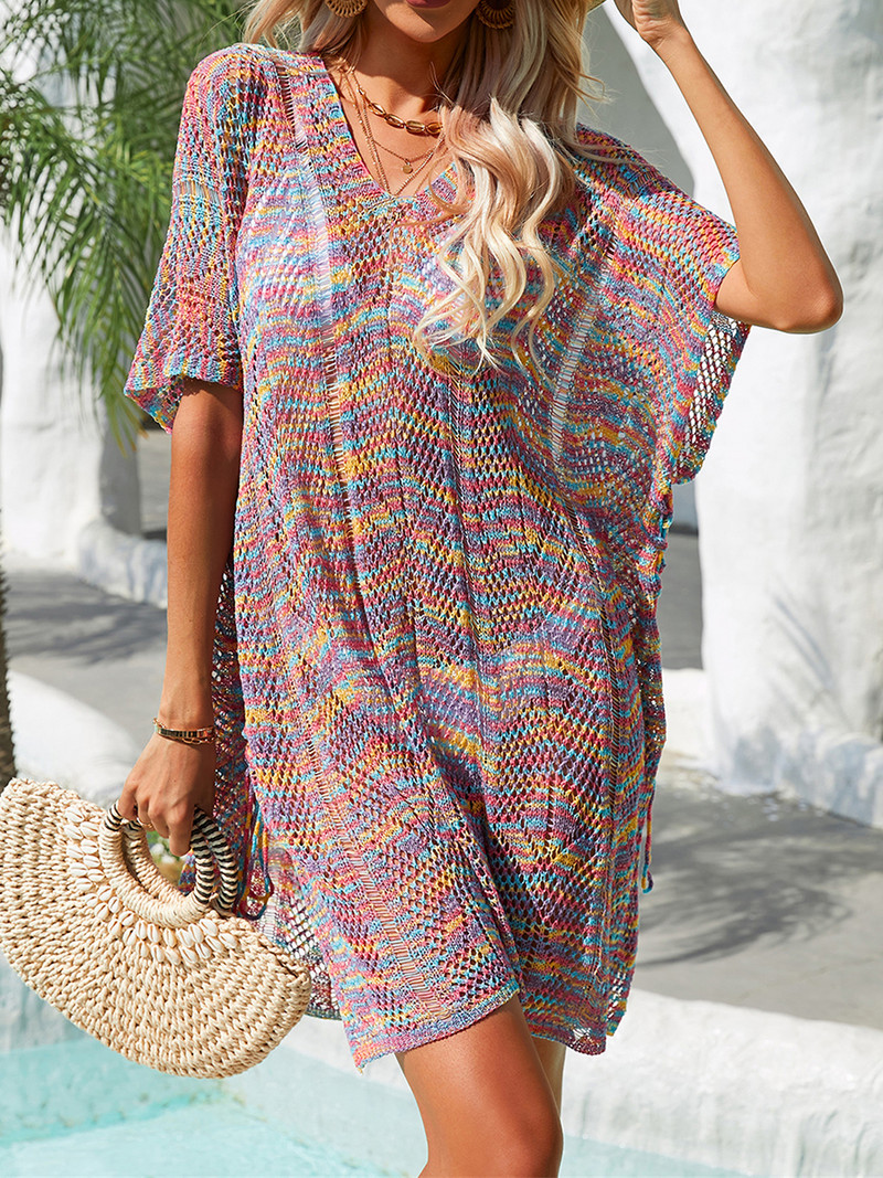 Sieviešu modes apdruka Bikini pārsegi Caurspīdīgi dobi ar īsām piedurknēm pludmales trikotāžas topi peldkostīmi sauļošanās blūze