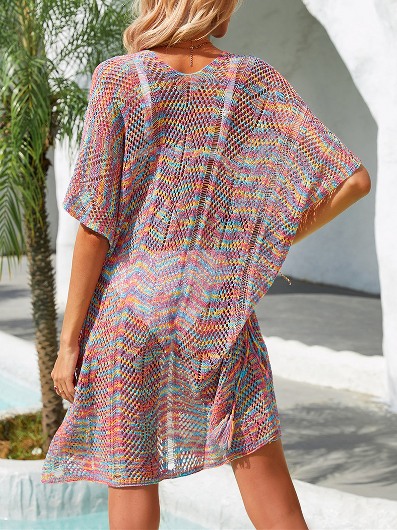 Sieviešu modes apdruka Bikini pārsegi Caurspīdīgi dobi ar īsām piedurknēm pludmales trikotāžas topi peldkostīmi sauļošanās blūze