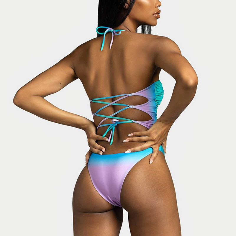 Salopetă de vară pentru femei, cu gât cu șalț, costum de baie, sexy, subțire, pentru femei, cu gradient colorat, scobit, triunghi, încrețit, îmbrăcăminte de plajă