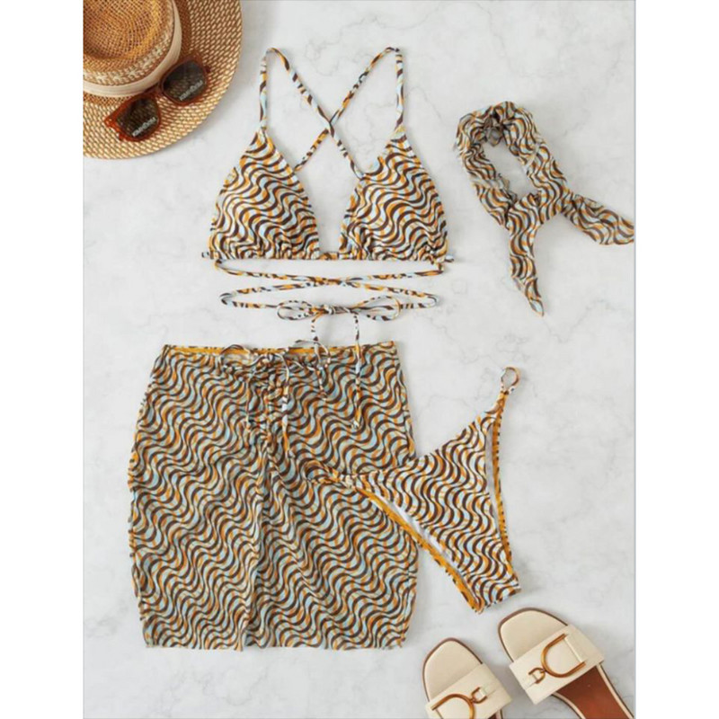 2023-as új Halter 4 részes bikini szettek fürdőruha Szexi geometrikus strandruha szoknyával Női alacsony derekú fürdőruha fürdőruha