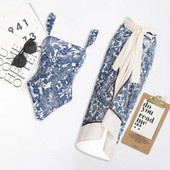 Vintage naiste Flora Print Bikiinikomplektid Ujumiskostüümid ja seelik Seksikad asümmeetrilised ühes tükis ujumisriided Naiste kattev rannasupluskostüümid