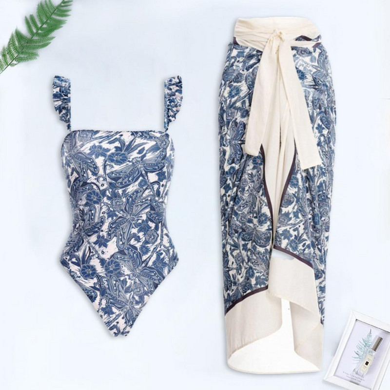 Vintage naiste Flora Print Bikiinikomplektid Ujumiskostüümid ja seelik Seksikad asümmeetrilised ühes tükis ujumisriided Naiste kattev rannasupluskostüümid