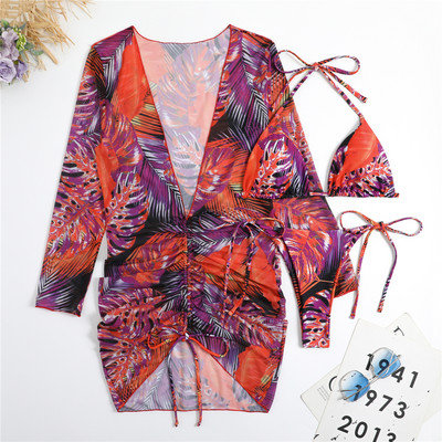 3 τεμάχια στρινγκ μπικίνι 2022 Γυναικεία μαγιό με κορδόνια Γυναικείο εμπριμέ μαγιό με κάλυψη παραλίας Μαγιό Καλοκαίρι