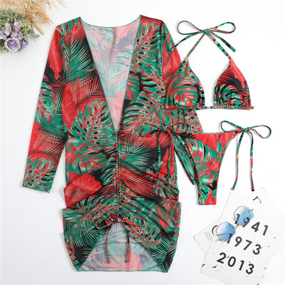 3 τεμάχια στρινγκ μπικίνι 2022 Γυναικεία μαγιό με κορδόνια Γυναικείο εμπριμέ μαγιό με κάλυψη παραλίας Μαγιό Καλοκαίρι