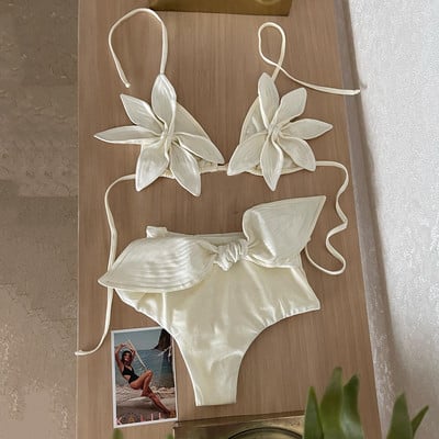 Seksi bijeli bikini s čipkom s cvjetnim motivima, ženski kupaći kostim s V-izrezom, dvodijelni kupaći kostim s visokim strukom Odjeća za plažu Bowkont Biquini Ženski kupaći kostim