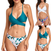 Sieviešu krusts, ar augstu jostasvietu, ar ziedu apdruku, divdaļīgs peldkostīms Bikini bikini sieviešu peldkostīmi купальник женский