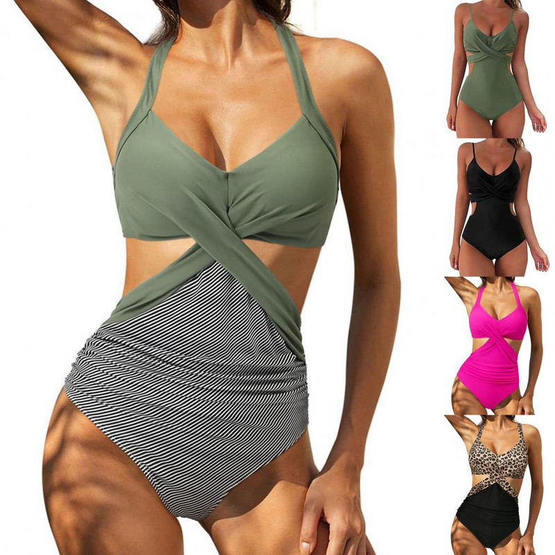 Naiste bikiinid, polsterdatud traadita puhta värvi slingi disainiga ühes tükis ujumisriided ujumiseks mõeldud ujumistrikoo