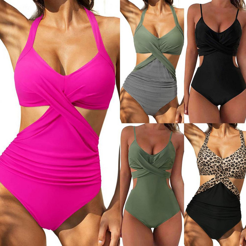 Naiste bikiinid, polsterdatud traadita puhta värvi slingi disainiga ühes tükis ujumisriided ujumiseks mõeldud ujumistrikoo