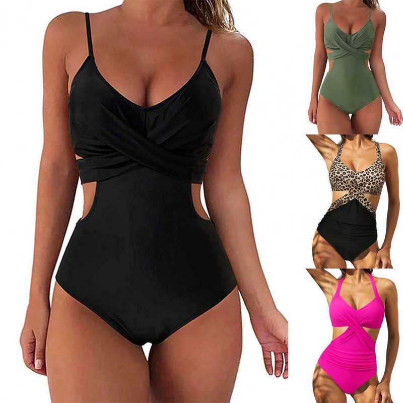 Naiste bikiinid, polsterdatud traadita puhta värvi slingi disainiga ühes tükis ujumisriided ujumiseks mõeldud ujumistrikoo