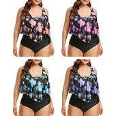 Sieviešu divdaļīgs peldkostīms ar ziedu volāniem, augšdaļa ar rievotu apakšu ar augstu vidukli