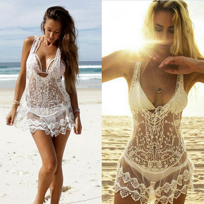 Sexy Women Beach Cover-Up Dress Bathing Swimwear Summer Bikini Women Lace See Through Crochet Sunshade Perspective Dress