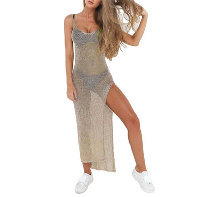 Γυναικείο σέξι καλοκαιρινό αντηλιακό μπικίνι με διαφανές διχτυωτό κάλυμμα με μεταλλικό μονόχρωμο πίσω Dropship