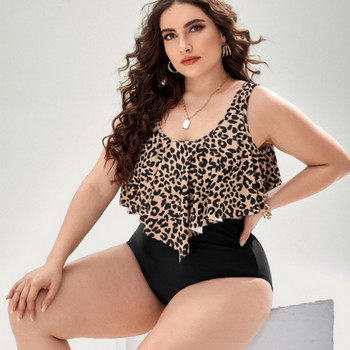 Leopard Ruffle Plus Size Γυναικείο μπικίνι μαγιό δύο τεμαχίων Push Up με επένδυση Μαγιό μεγάλου μεγέθους Ψηλόμεσο μαγιό XL-4XL