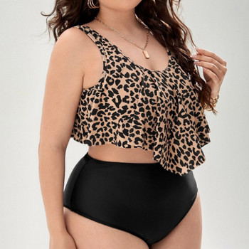 Leopard Ruffle Plus Size Γυναικείο μπικίνι μαγιό δύο τεμαχίων Push Up με επένδυση Μαγιό μεγάλου μεγέθους Ψηλόμεσο μαγιό XL-4XL