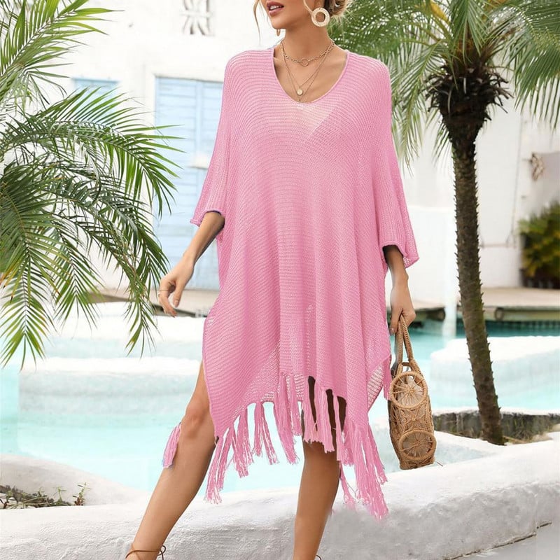 Trendikas kattega bikiinid, küljelt poolitatud pehme rannakleit suvine läbipaistev õõnsa päikesekaitsekleit