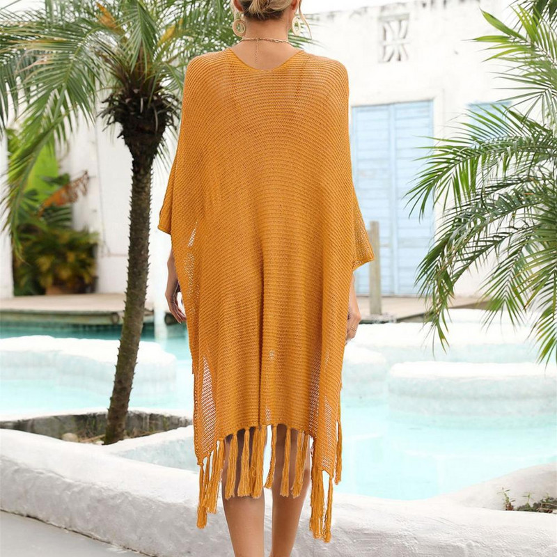 Trendikas kattega bikiinid, küljelt poolitatud pehme rannakleit suvine läbipaistev õõnsa päikesekaitsekleit