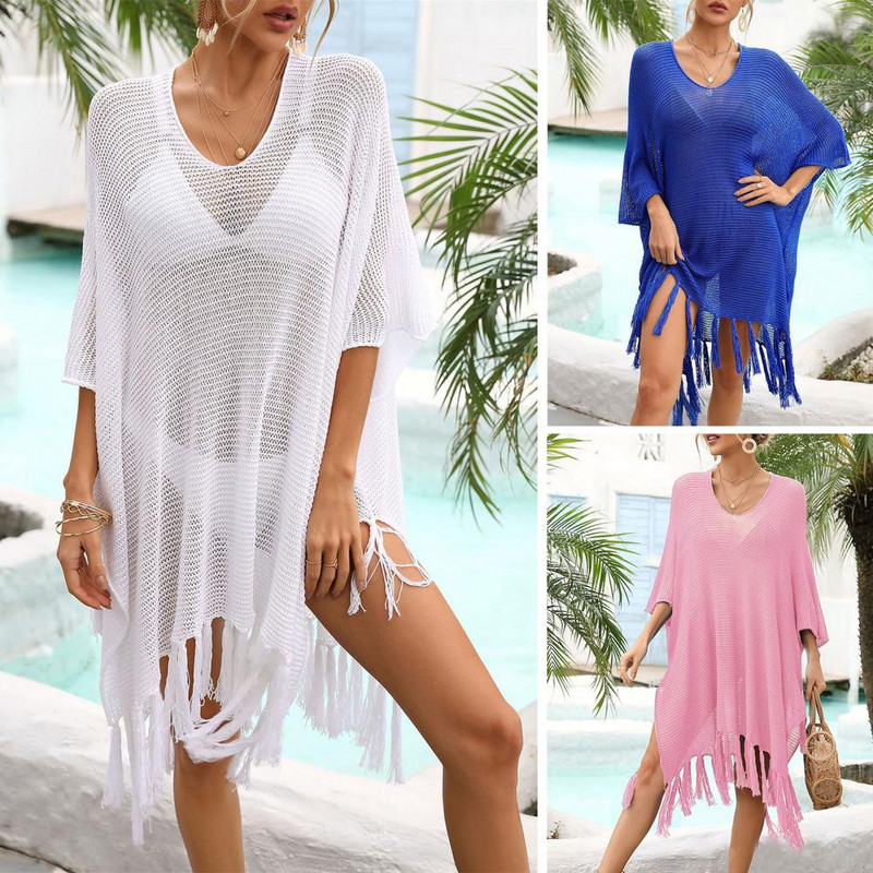 Trendikas kattega bikiinid, küljelt poolitatud pehme rannakleit suvine läbipaistev õõnsa päikesekaitsekleit